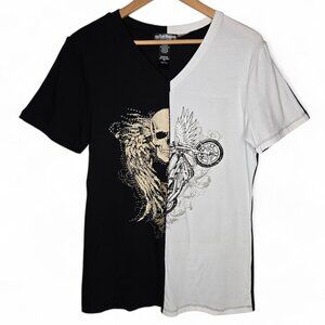 From Los Angeles by Bus Stop Top Women's Jewel Studded Angel Wing Skulls Moto 2X